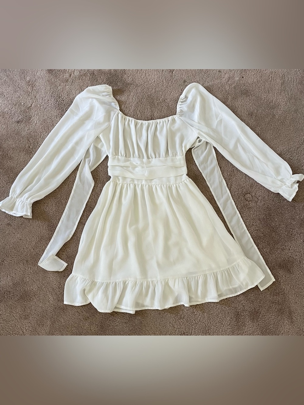 White Long-Sleeve Puff-Sleeve Mini Dress